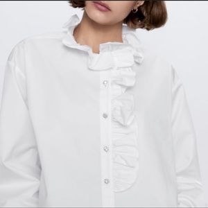 Zara jeweled button rhinestone ruffle cotton shirt